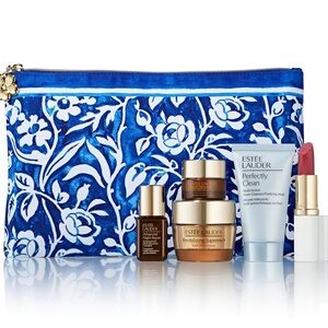 Estee Lauder Blue Floral Bag with Skincare and Lipstick
